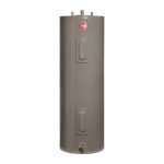 Termo eléctrico de piso Rheem de 303 litros, cilindro gris vertical con conexiones superiores, sobre fondo blanco