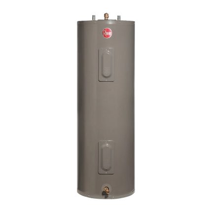 Termo eléctrico de piso Rheem de 303 litros, cilindro gris vertical con conexiones superiores, sobre fondo blanco