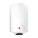 Termo eléctrico mural blanco Rheem de 50 litros, visto de frente sobre fondo blanco, con panel digital en la base