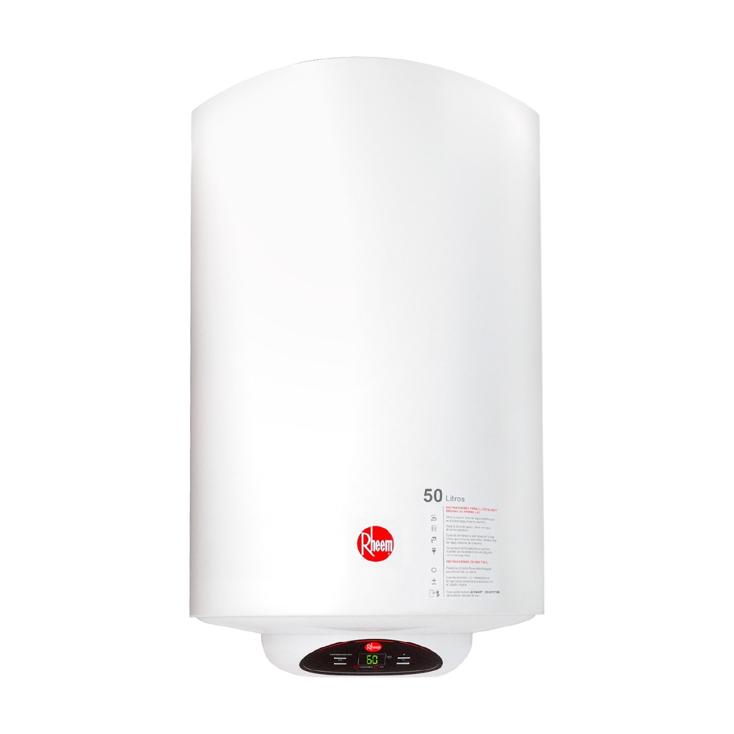 Termo eléctrico Rheem 50 litros mural Termo eléctrico mural blanco Rheem de 50 litros, visto de frente sobre fondo blanco, con panel digital en la base