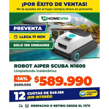 Robot limpiafondo inalámbrico Aiper Scuba N1600 en preventa: llega el 17 de noviembre, $589.990 o 12 cuotas sin interés de $49.166 con Mercado Pago